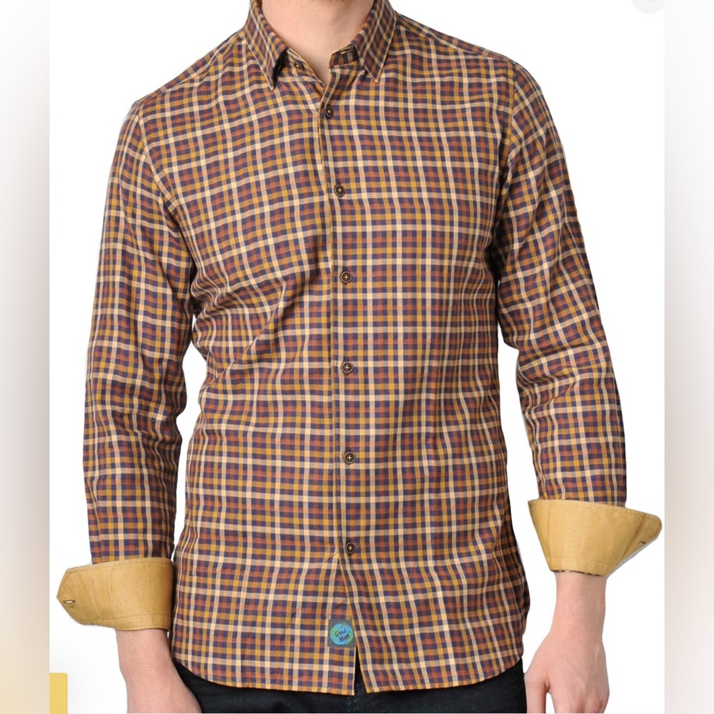 Luchiano Visconti Global Mint Men’s Large Gold & Navy Plaid Cotton Shirt NWT - Picture 2 of 13